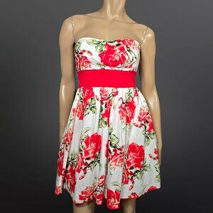 Y2K Trixxi Strapless Mini Dress Size 5 Red White Floral Rose Print Fit Flare